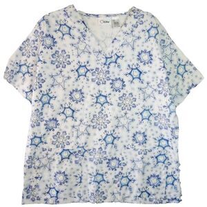 Apple Life Women's Size L Medical Smiley Snow Flakes White Pullover Scrub Top